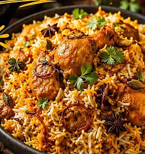 Chicken masala breyani at Curry On Beach, garnished with fried onion, star anise and coriander